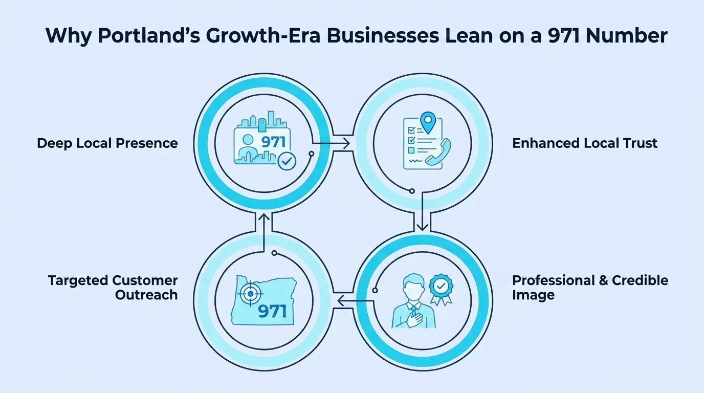 Why Portland's Growth-Era Businesses Lean on a 971 Number — diagram of deep local presence, enhanced local trust, professional and credible image, and targeted customer outreach