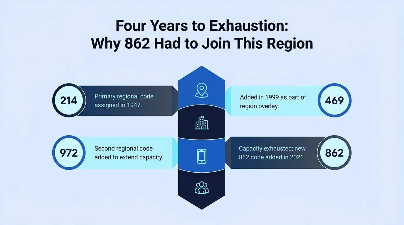 Four Years to Exhaustion: Why 862 Had to Join This Region — infographic tracing New Jersey area codes from the primary 1947 code through overlay additions and the capacity-driven 862 launch
