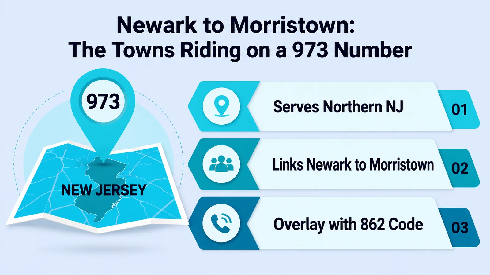 Newark to Morristown: The Towns Riding on a 973 Number — map of New Jersey showing the 973 area code serving northern NJ, linking Newark to Morristown, and overlaying with area code 862