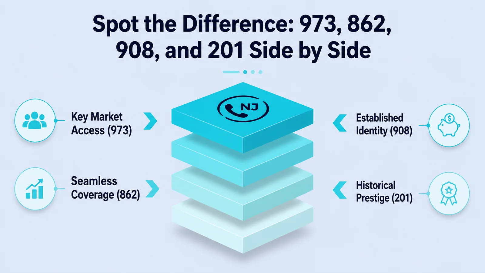 Spot the Difference: 973, 862, 908, and 201 Side by Side — stacked infographic comparing 973's key market access, 862's seamless coverage, 908's established identity, and 201's historical prestige