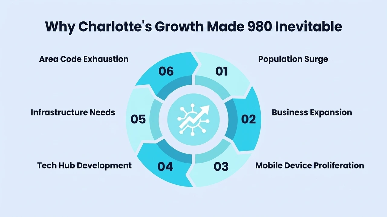 Why Charlotte's Growth Made 980 Inevitable — six factors: population surge, business expansion, mobile device proliferation, tech hub development, infrastructure needs, and area code exhaustion