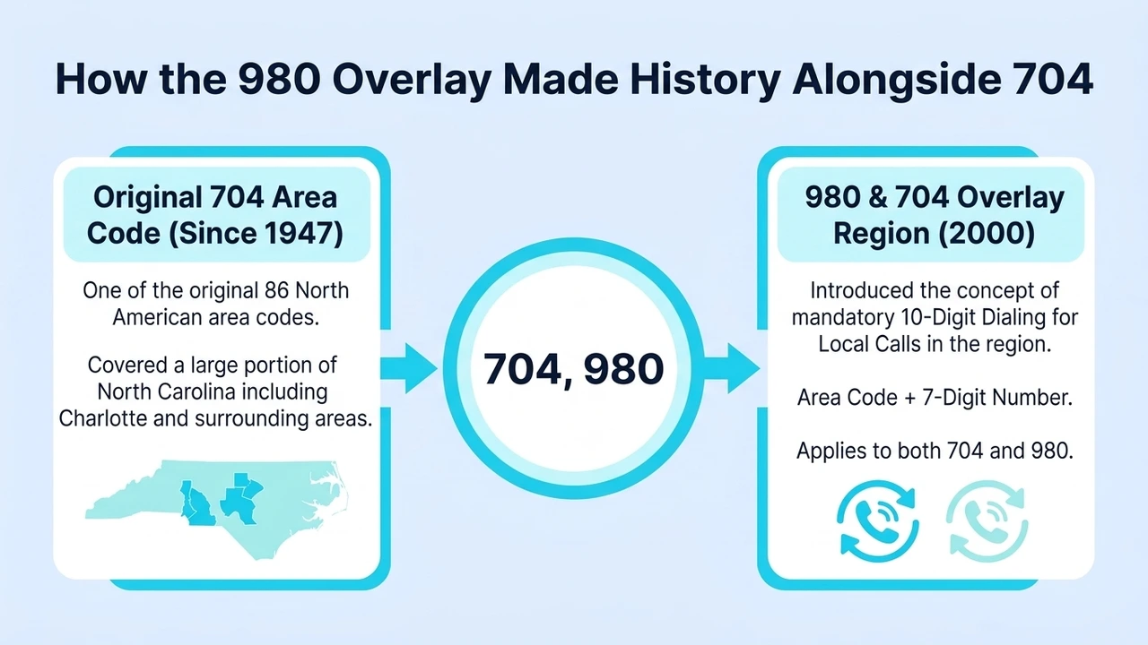 How the 980 Overlay Made History Alongside 704 — comparison of the original 704 area code since 1947 and the 980/704 overlay region introducing mandatory 10-digit dialing