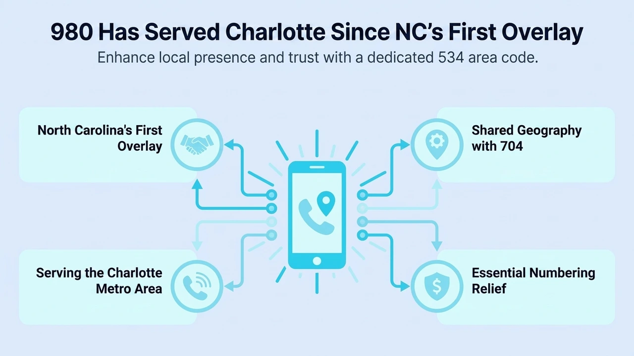 980 Has Served Charlotte Since NC's First Overlay — four highlights: North Carolina's first overlay, shared geography with 704, serving the Charlotte metro area, and essential numbering relief