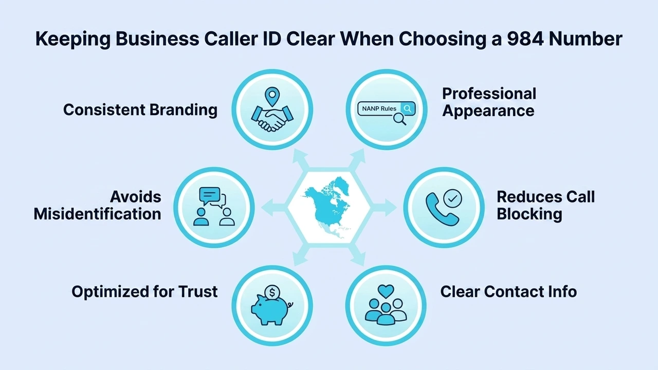 Keeping Business Caller ID Clear When Choosing a 984 Number — six factors: consistent branding, professional appearance, reduces call blocking, clear contact info, optimized for trust, and avoids misidentification