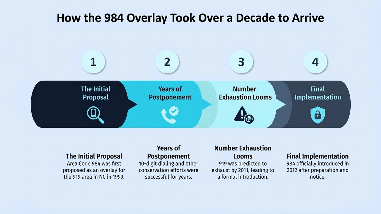 How the 984 Overlay Took Over a Decade to Arrive — four-step timeline: the initial proposal, years of postponement, number exhaustion looms, and final implementation