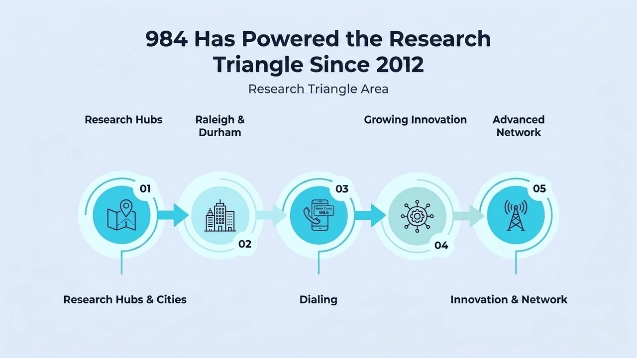 984 Has Powered the Research Triangle Since 2012 — five-step overview: research hubs and cities, Raleigh and Durham, dialing, growing innovation, and advanced network