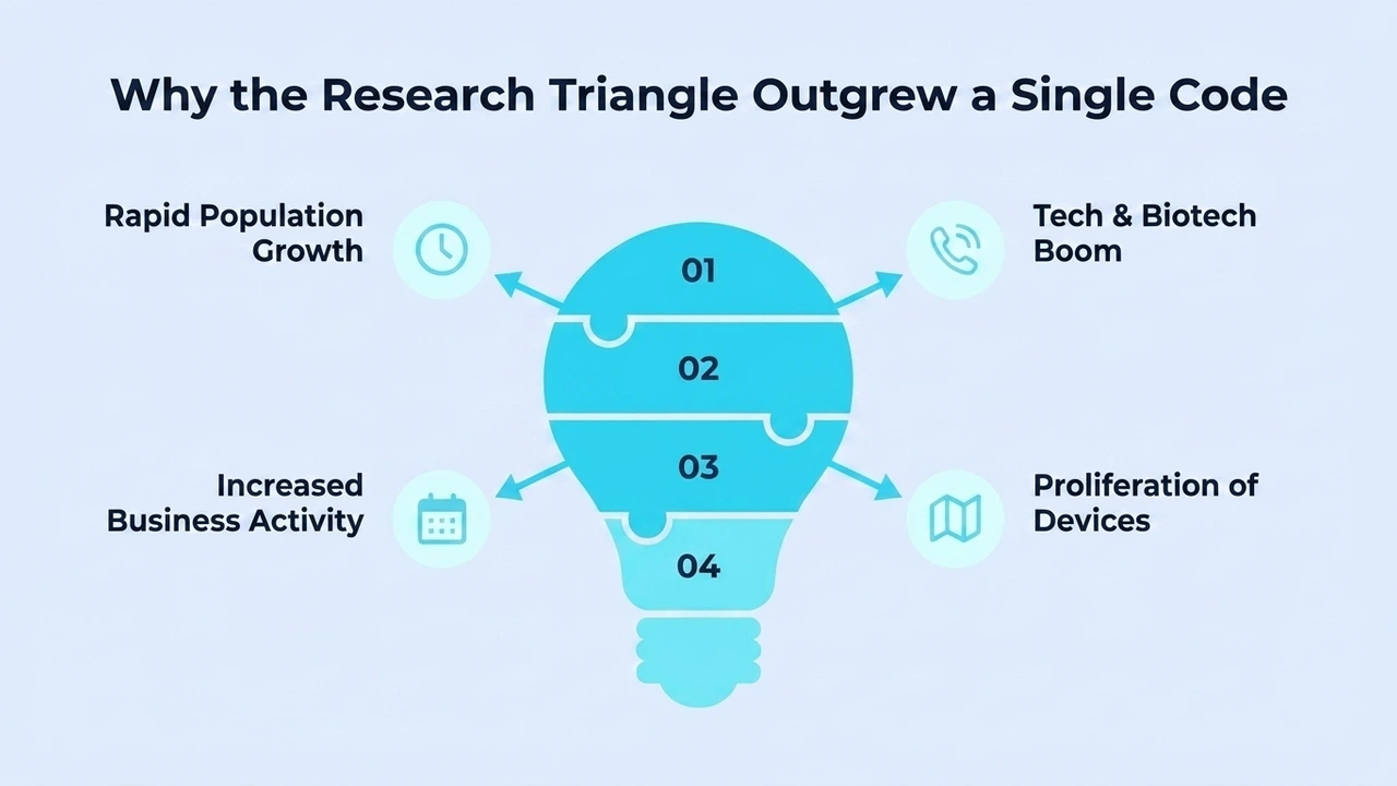 Why the Research Triangle Outgrew a Single Code — four factors: rapid population growth, tech and biotech boom, increased business activity, and proliferation of devices