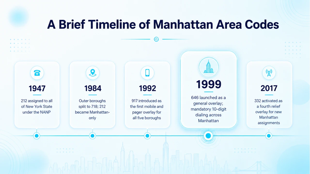 Timeline graphic of Manhattan's area code history from 1947 to 2017