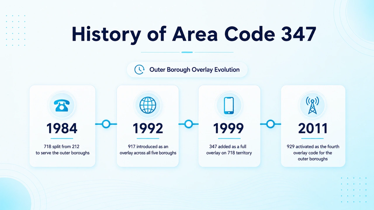 Timeline graphic showing the 1999 launch of the 347 overlay on top of area code 718