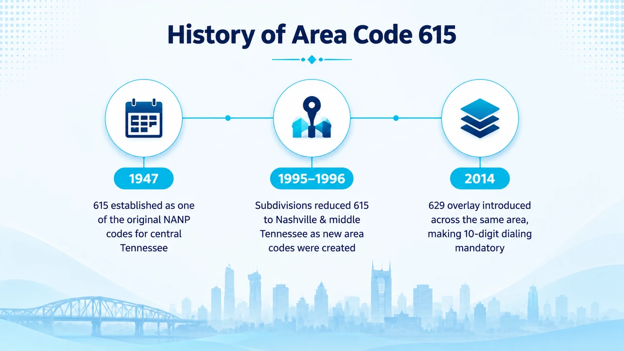 Timeline tracing Nashville's prefix from 1947 to the 629 overlay