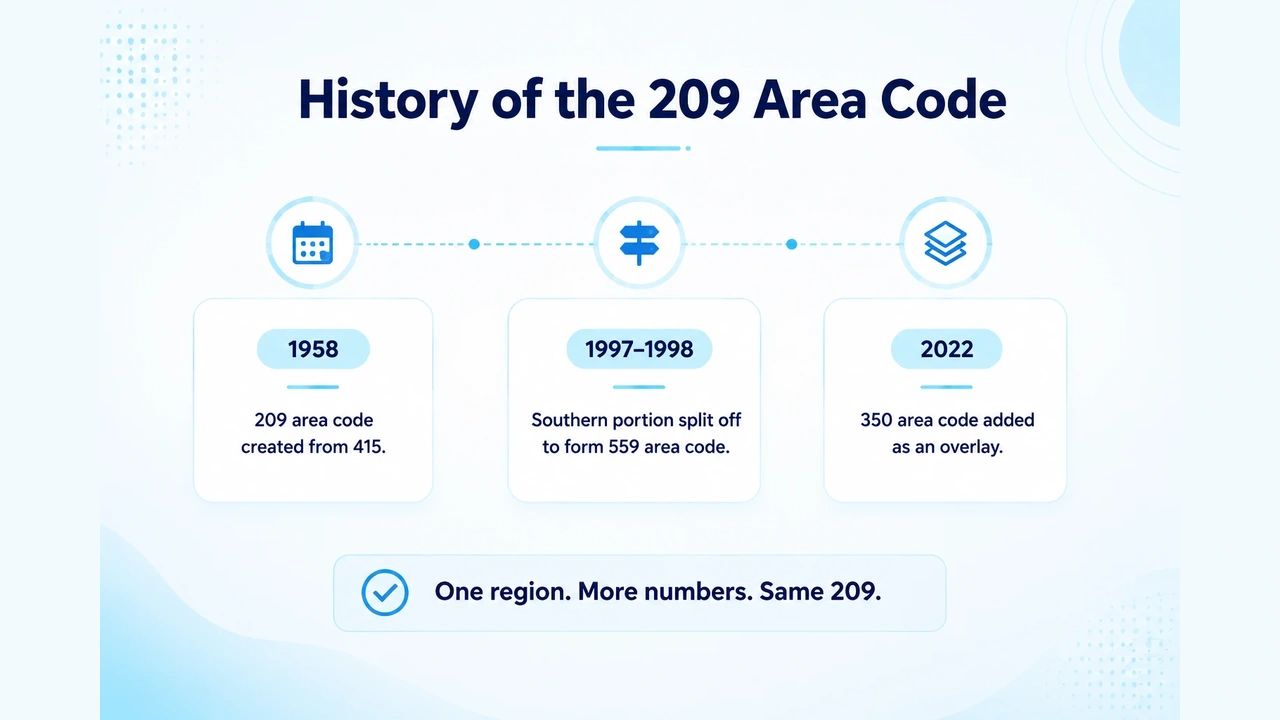 Vintage-style timeline graphic showing the 1958 split from the 415 prefix that created the 209 code