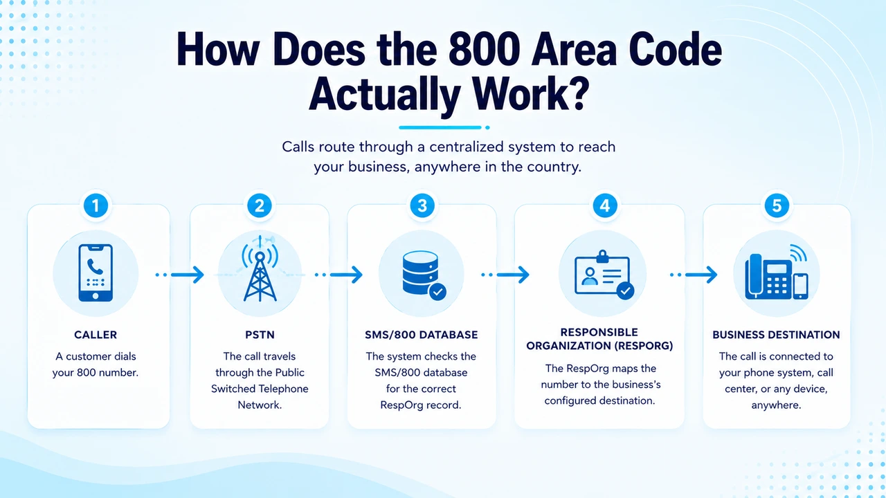 Diagram showing an 800 call routed from a caller through a switch to a business phone system