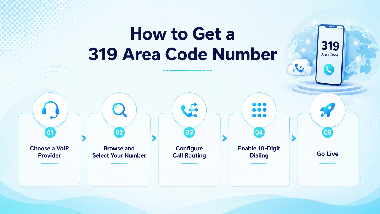 Step-by-step icons for signing up with a VoIP provider to activate a local Iowa number