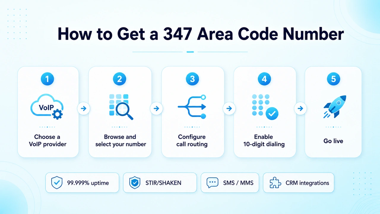 Step-by-step icons for signing up with a VoIP provider to activate a local NYC number
