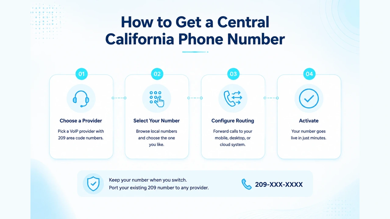 Step-by-step icons showing the online signup process for a virtual Central Valley phone number