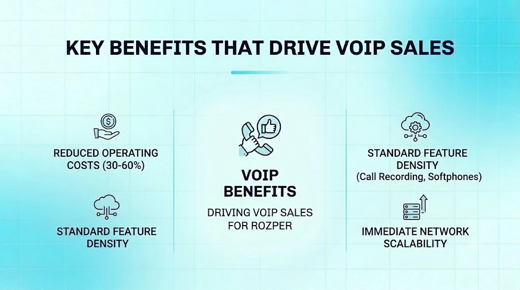 Icons for cost savings, bundled features, and fast scaling lined up around a phone system
