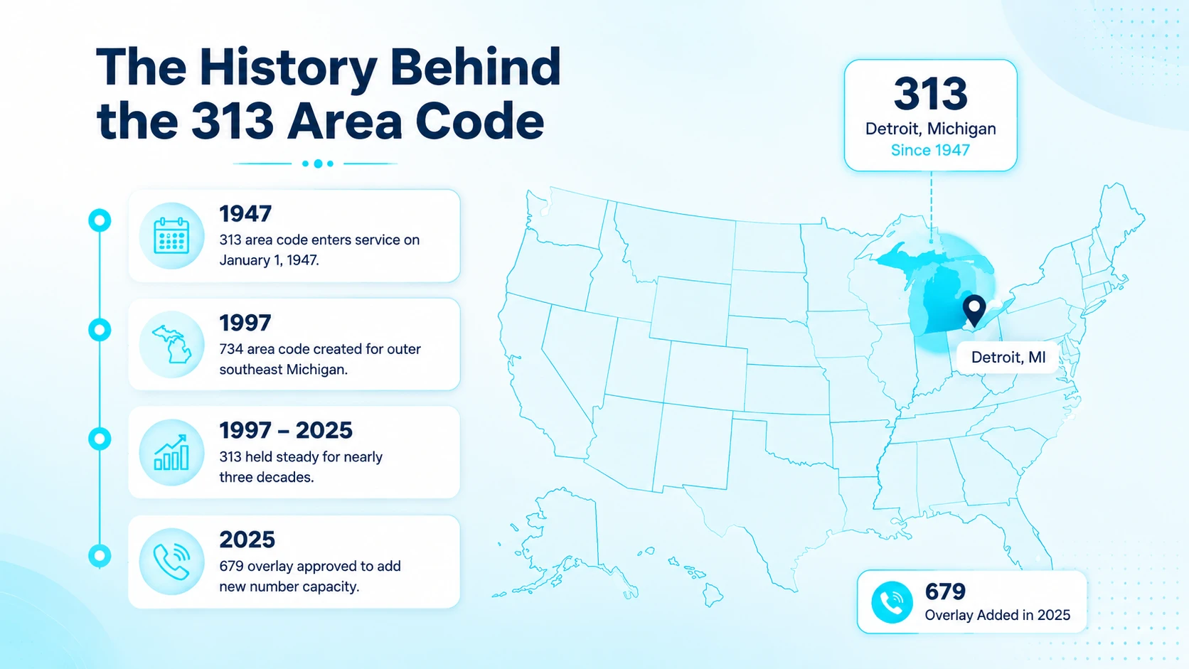 Historical timeline of the 313 area code from its 1947 origin through the 2025 launch of the 679 overlay