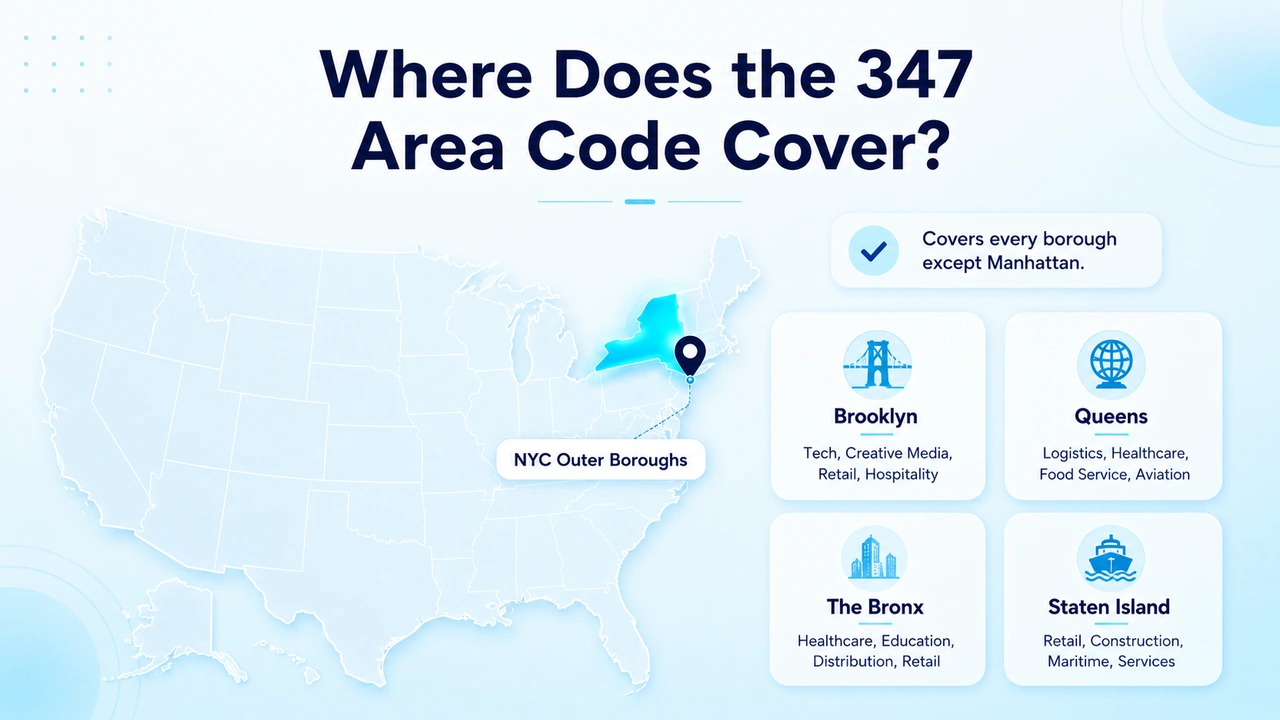 Icons representing the four NYC boroughs and their key industries served by the 347 prefix