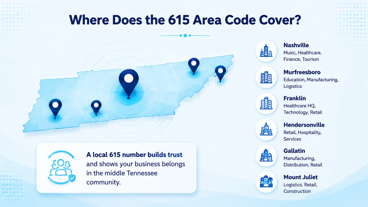 Middle Tennessee map showing cities served by this telephone prefix