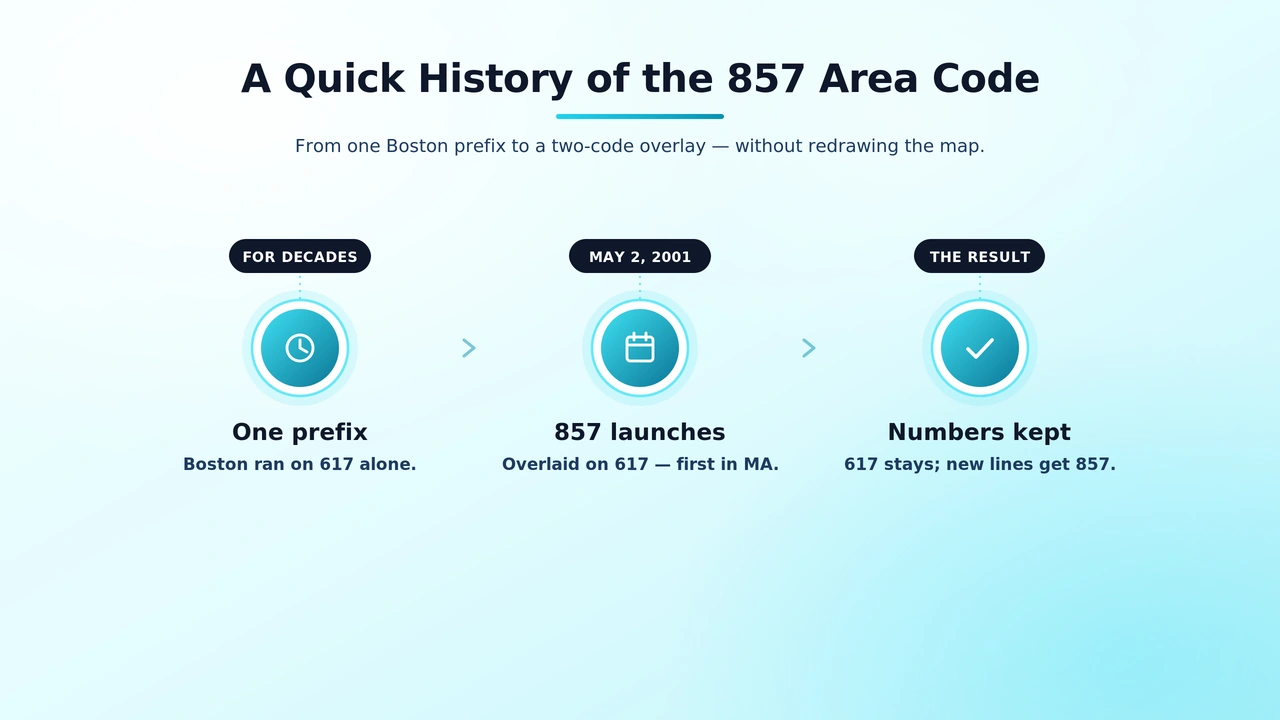 Timeline graphic marking the May 2001 launch of the 857 overlay in Massachusetts