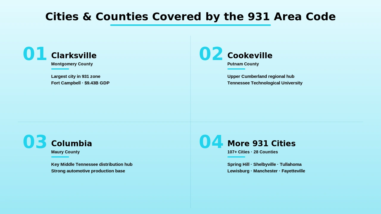 Illustration of Clarksville, Cookeville, and Columbia communities within the 931 coverage area