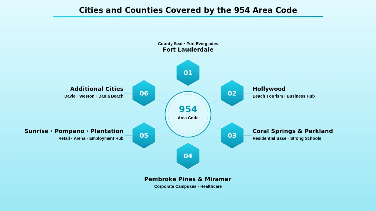Illustration of Fort Lauderdale, Hollywood, and Coral Springs communities within the 954 coverage area