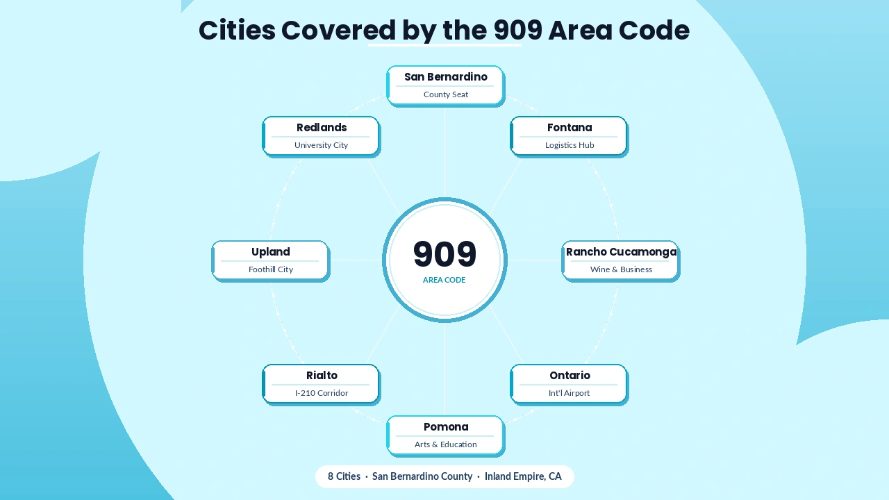 Illustration of Fontana, Rancho Cucamonga, and Ontario cities within the 909 coverage area