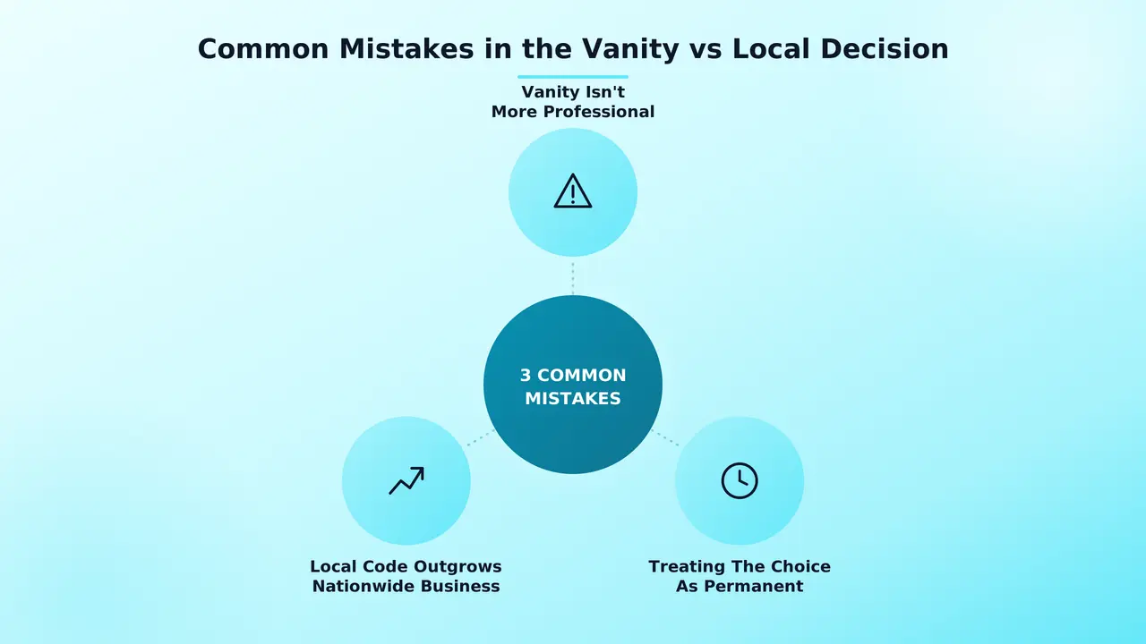 Warning sign icon flagging pitfalls when picking between a vanity line and a local prefix