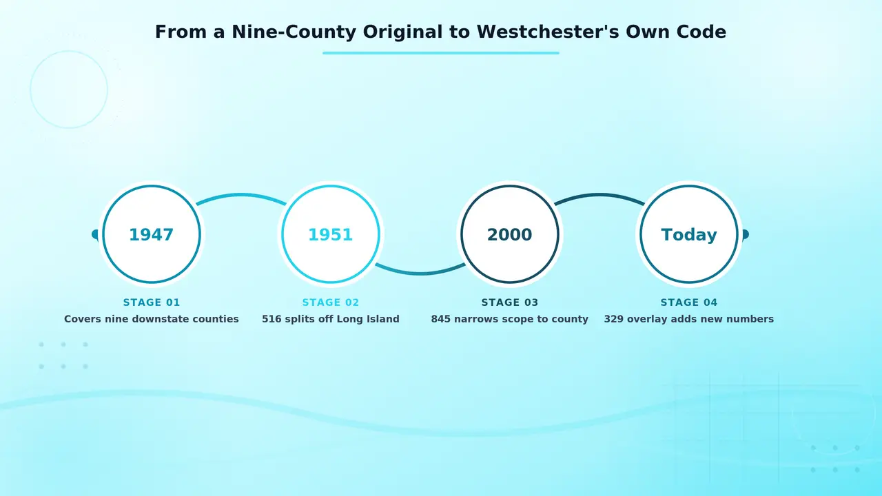 Timeline graphic showing the 914 area code's history from a nine-county original to Westchester's own code