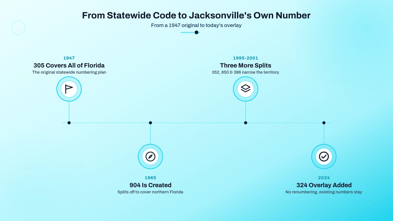 Timeline graphic tracing the successive splits that narrowed this prefix down to Jacksonville