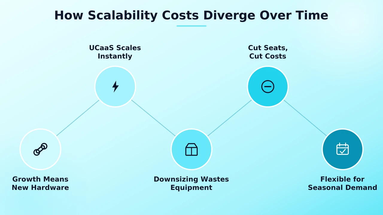 Two diverging cost curves showing cloud seats scaling smoothly against stepped hardware upgrades