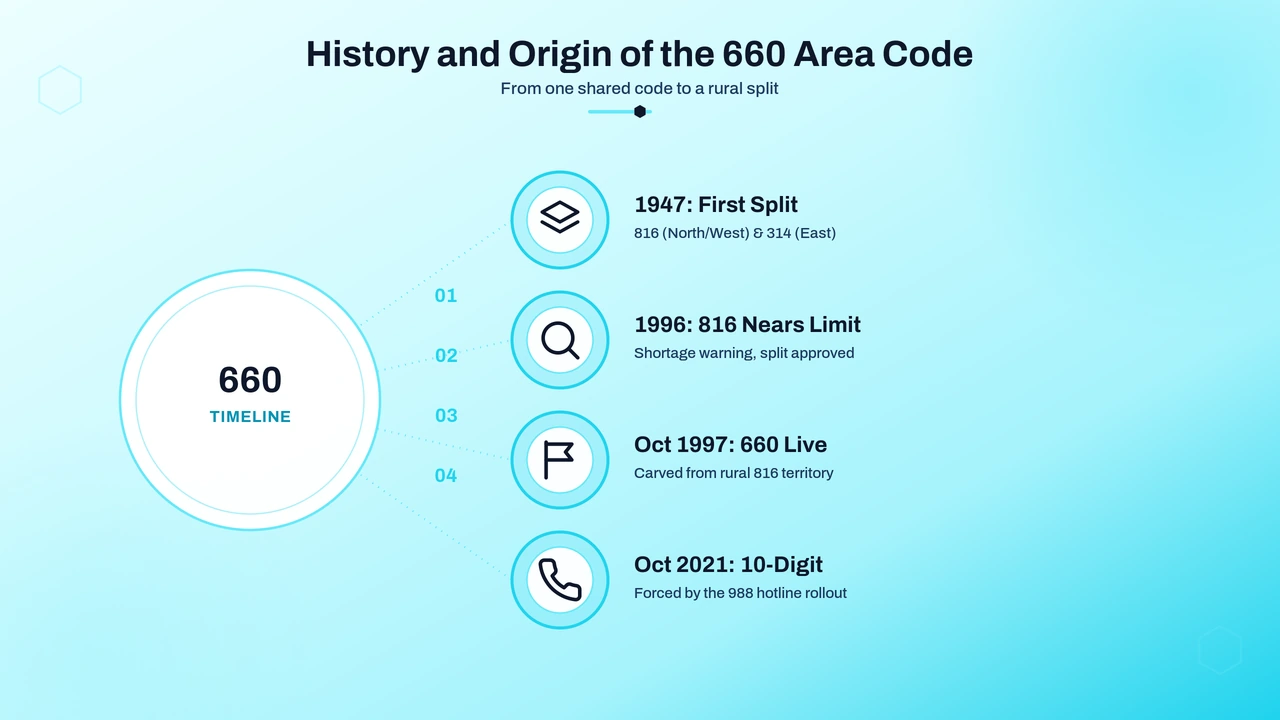 Timeline graphic showing Missouri's area code splits since the 1940s