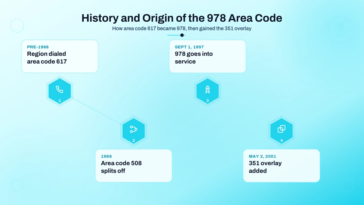 Timeline illustration of the 1997 split that created the 978 area code from area code 508