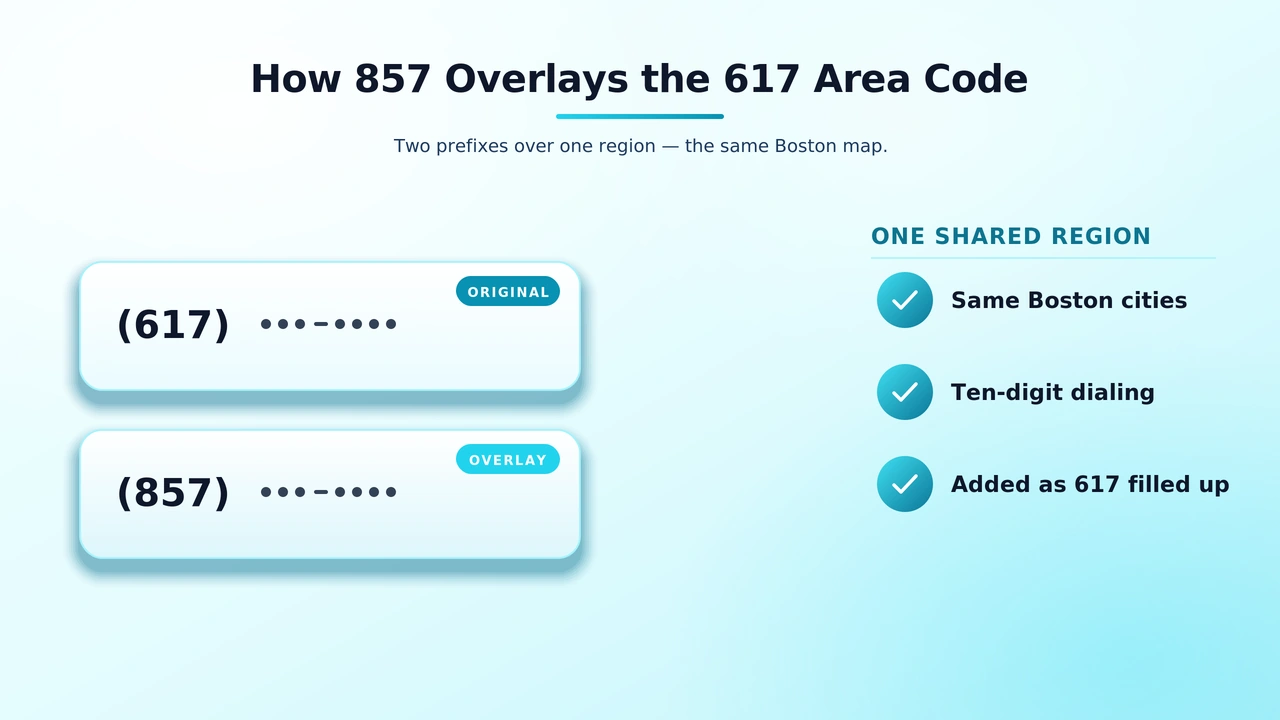 Diagram showing the 857 prefix layered on top of the original 617 territory across Boston