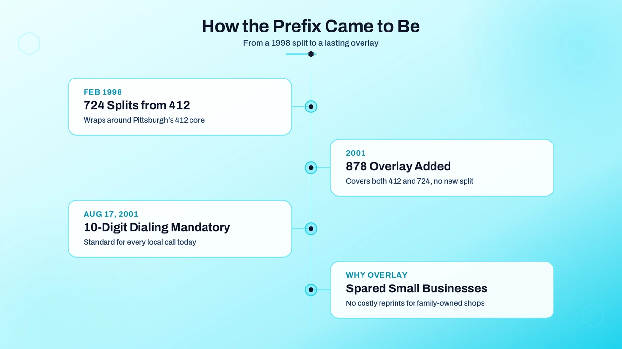 Timeline graphic of the 1998 split from area code 412