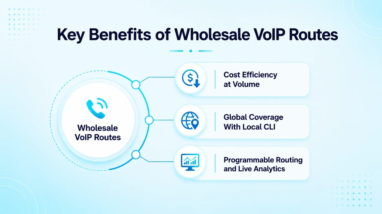 Icons for cost savings, local caller ID, and API-driven routing analytics