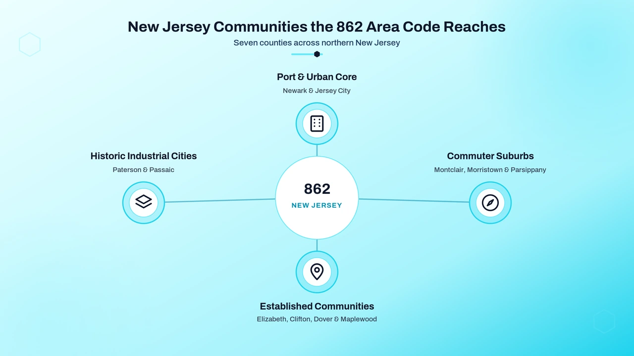 Map-style graphic highlighting the seven northern New Jersey counties this prefix reaches
