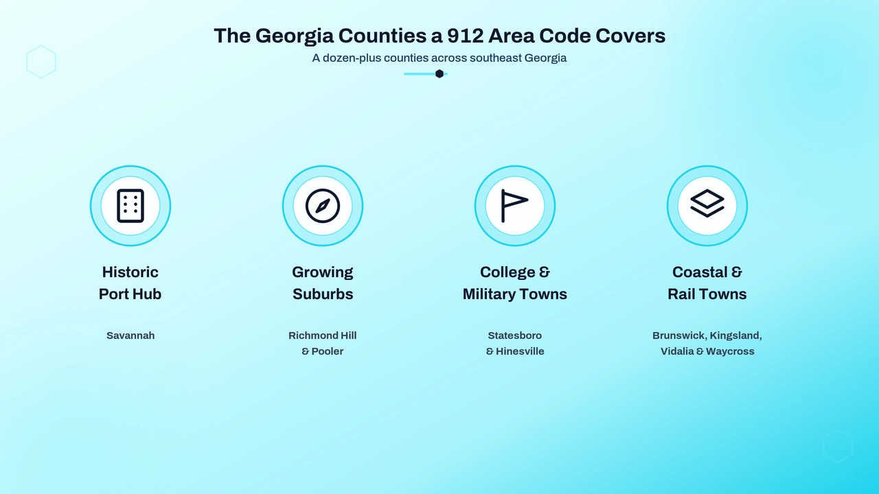 Map-style graphic highlighting the counties and low-country towns of southeast Georgia