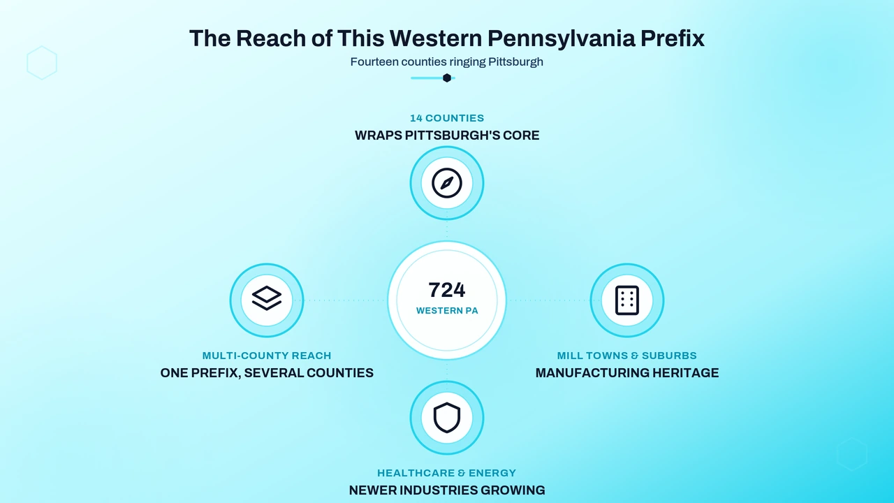 Map of western Pennsylvania counties covered by this area code