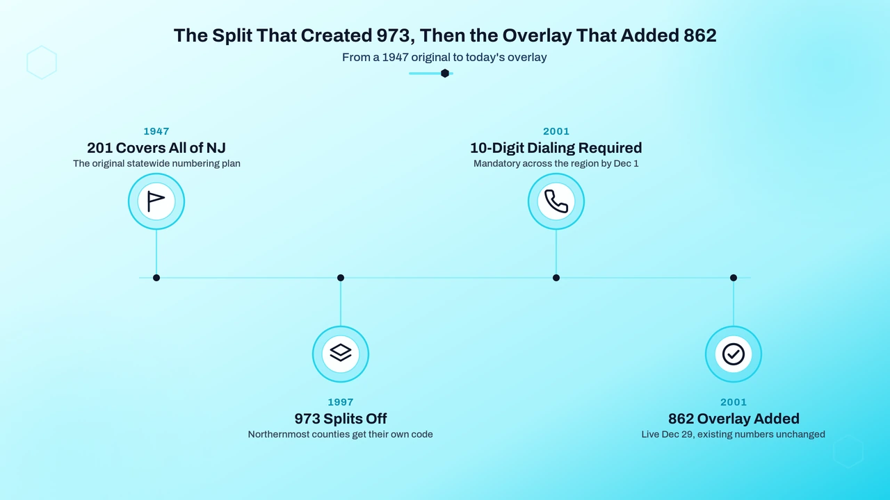 Timeline graphic tracing the numbering plan changes that shaped this region's area codes