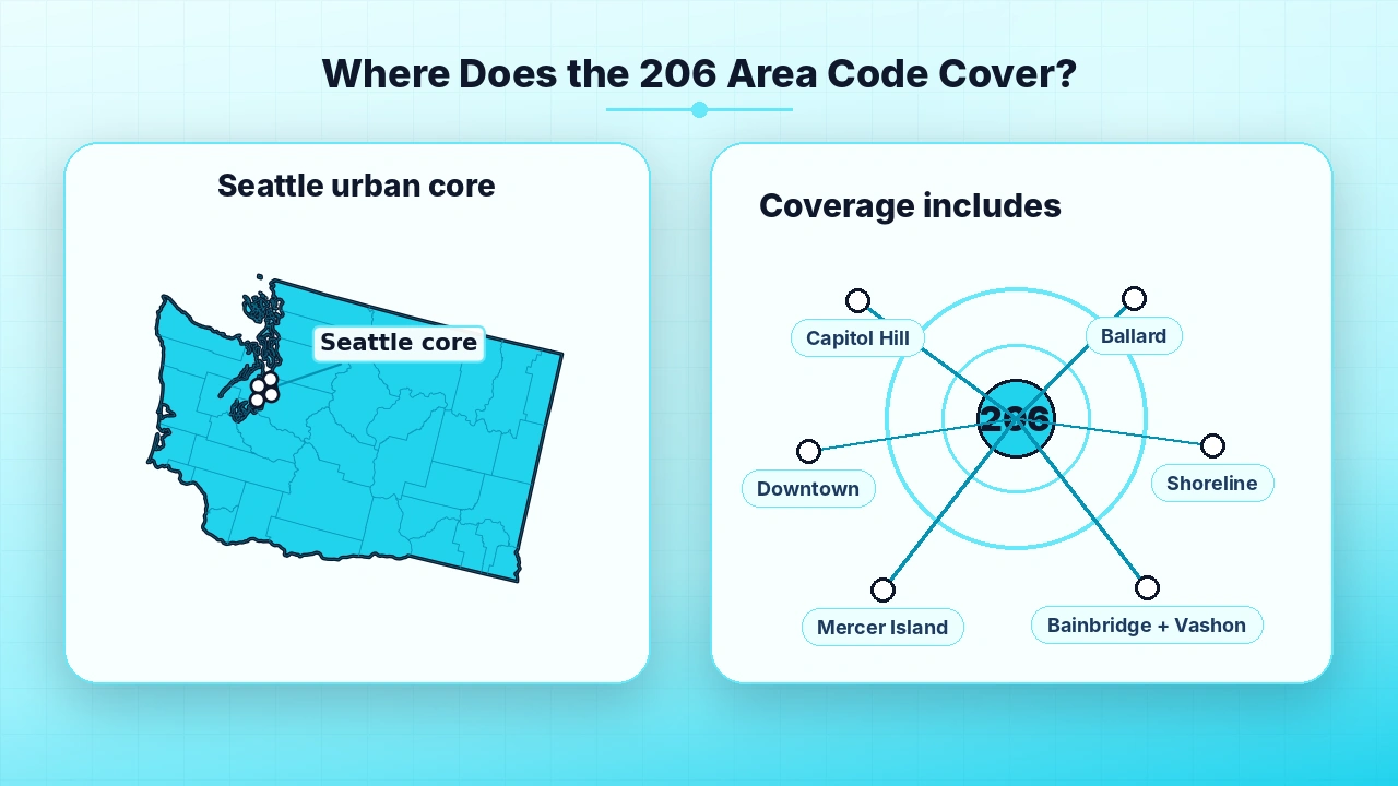 Map depicting the Seattle neighborhoods and towns served by 206