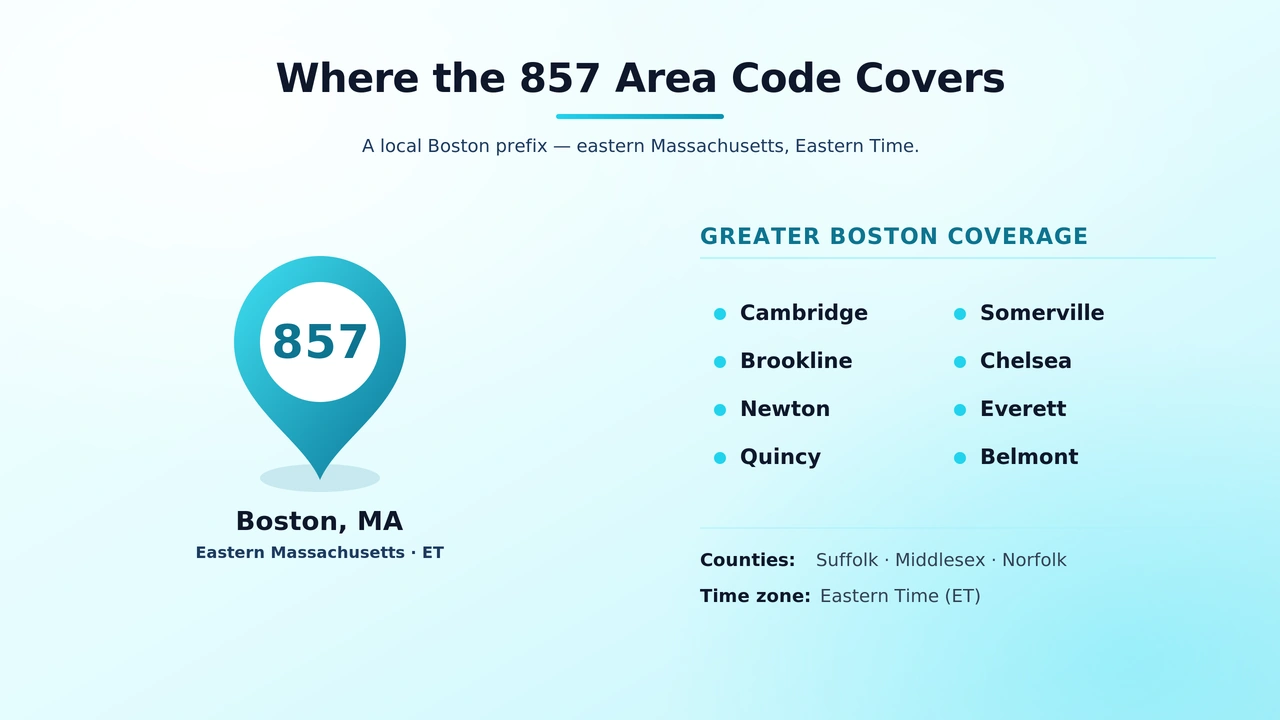 Map of Greater Boston highlighting Cambridge, Brookline, Newton, and Quincy within the 857 coverage area